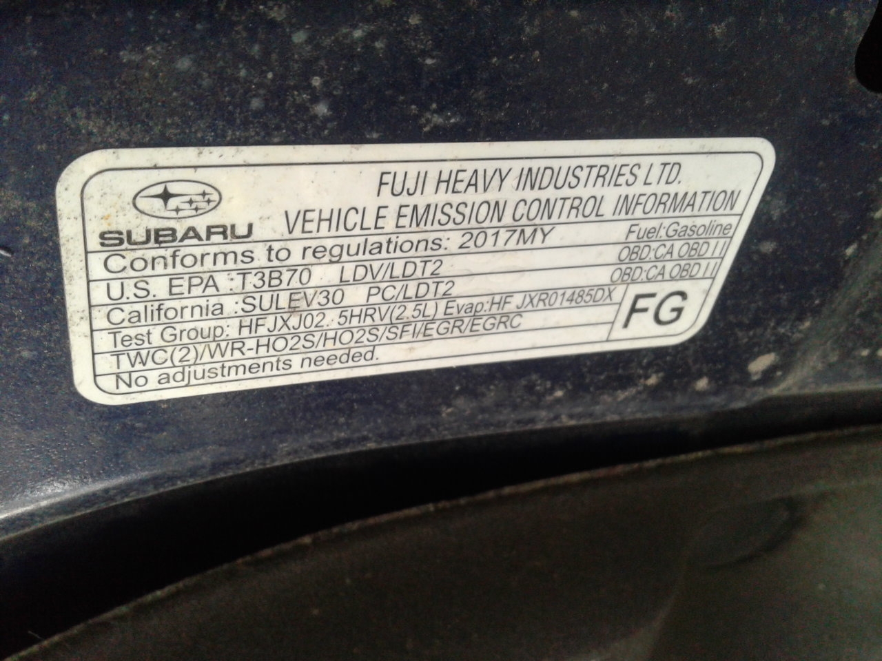 2017 SUBARU LEGACY/OUTBACK NR X-THB 2.5L VIN A ( 6TH DIGIT US MARKET AT PZEV )